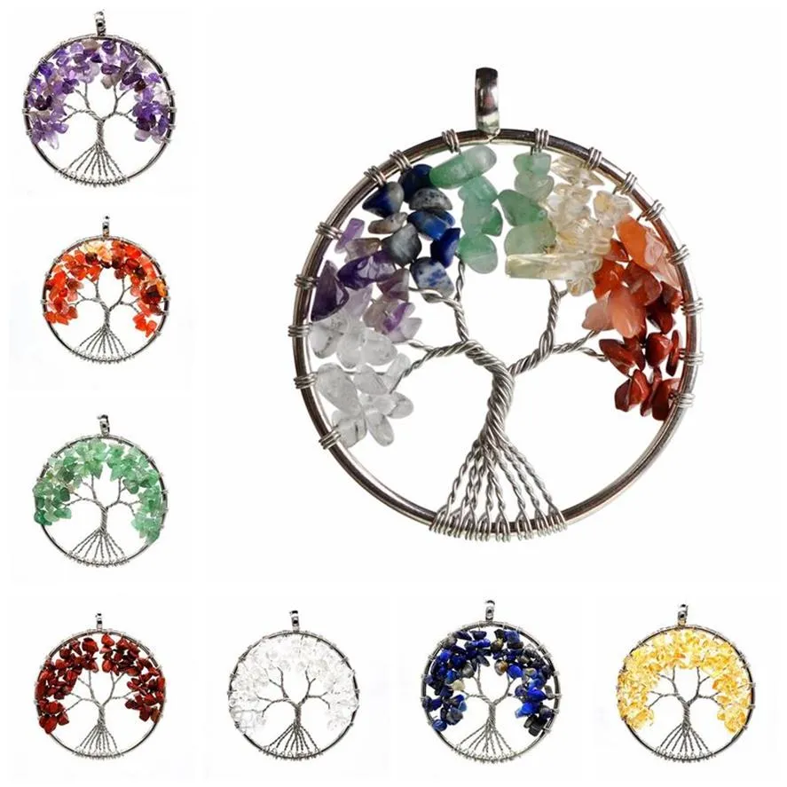 Tree of Life Necklace 7 Chakra Stone Pärlor Natural Amethyst Sterling-Silver-jewelry Choker Choker Pendant Neckor for Women Gift245s