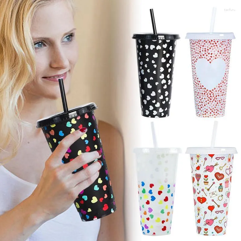 Tumblers Color Changing Cups Iced Coffee Cup With Lid & Straw Tumbler Discor Reusable Funny Heart Mug For Adults Kid Women Party