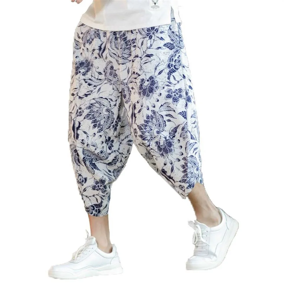 2019 Zomer Mannen Print Strand Broek Heren Kalf Lengte Linnen Harembroek Mannen Wijde Pijpen Broek Mannelijke Bloeiers Punk hip Hop Trainingsuit244c