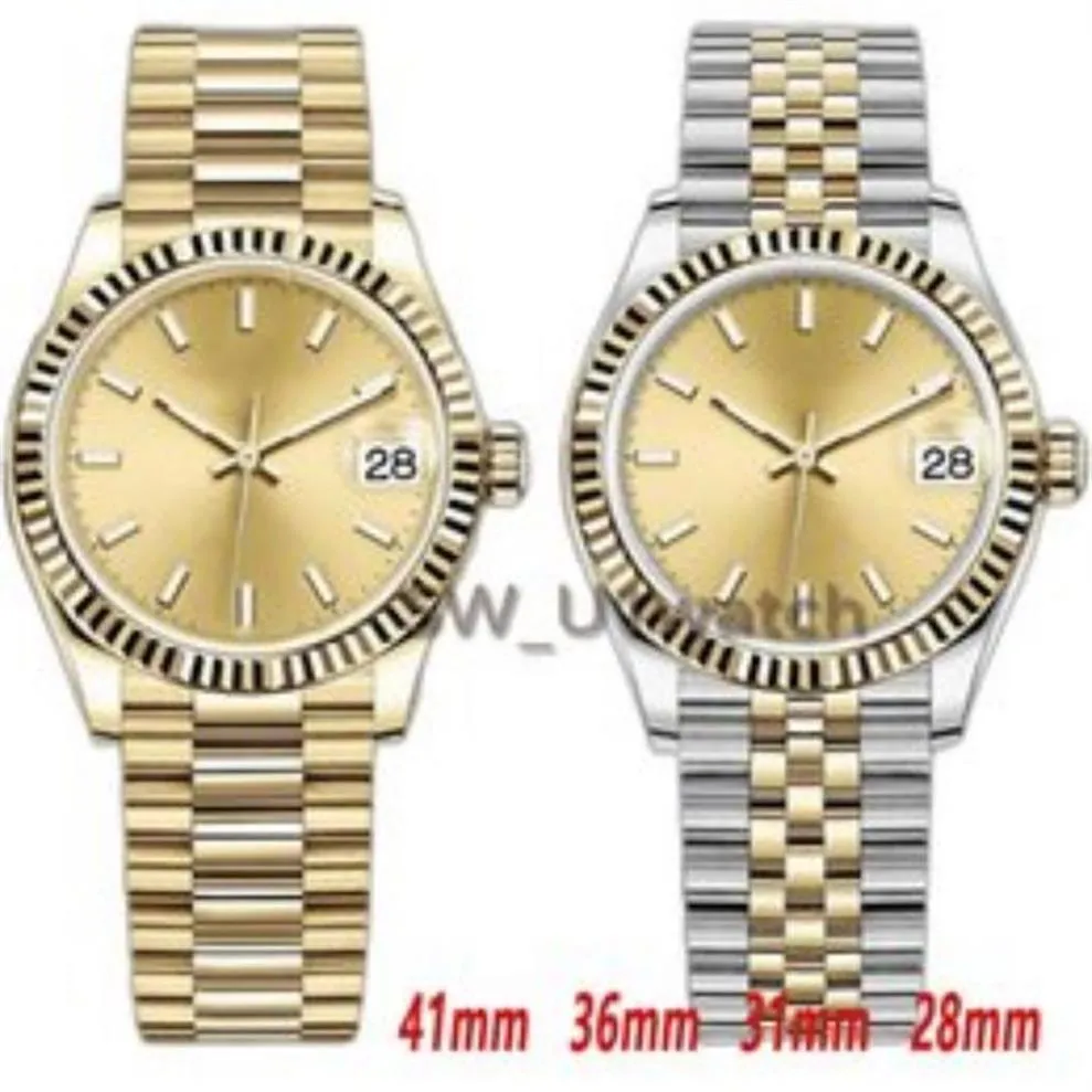 Mens Ladies Date Gold Watch 41mm 36mm 31mm 28mm rostfritt stålarmband Automatisk mekanisk kvartsvattenbeständig lysande desi281f