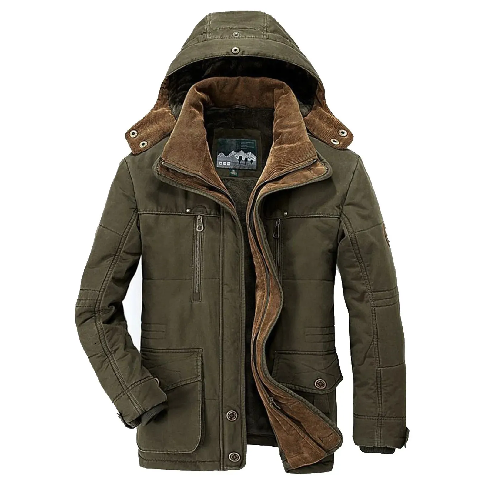 Men s Down Parkas 2023 Men Winter Parka Fleece fodrad tjock varm huva päls krage male lapp ficka bomullsjacka ropa de algodn 231005