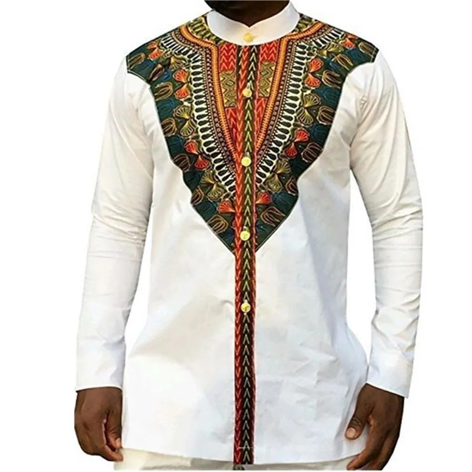 2020 Fashion Men's African Clothes Rich Bazin White Personalized Print Long Sleeve Shirt Kenya Nigeria South Africa Clothing 293f