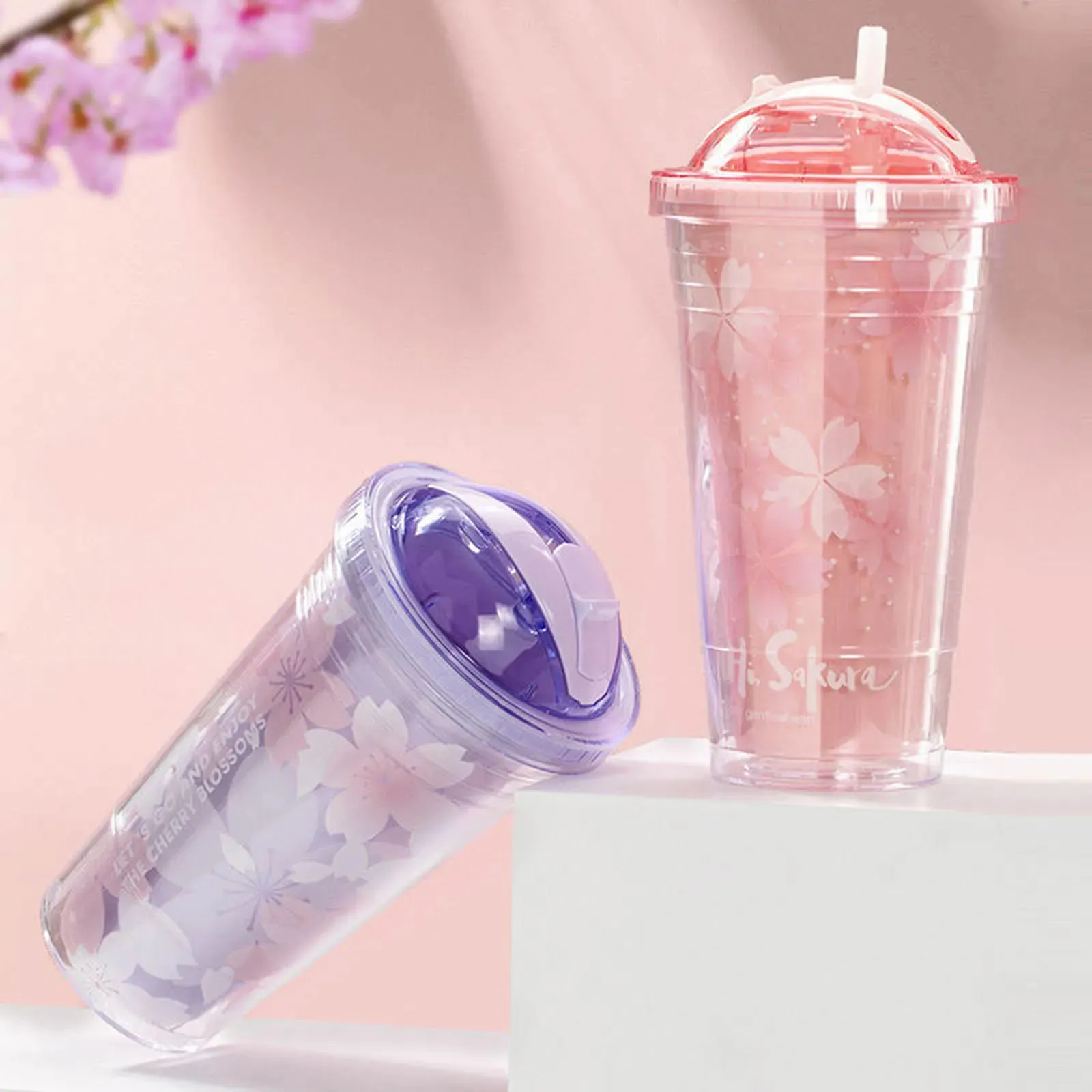 Tumblers Plastic Cups with Lids Reusable Water Bottle for Drinking Coffee Mug Juice Milk Straw Cup Hidden Ice BPA Free Sakura 230928