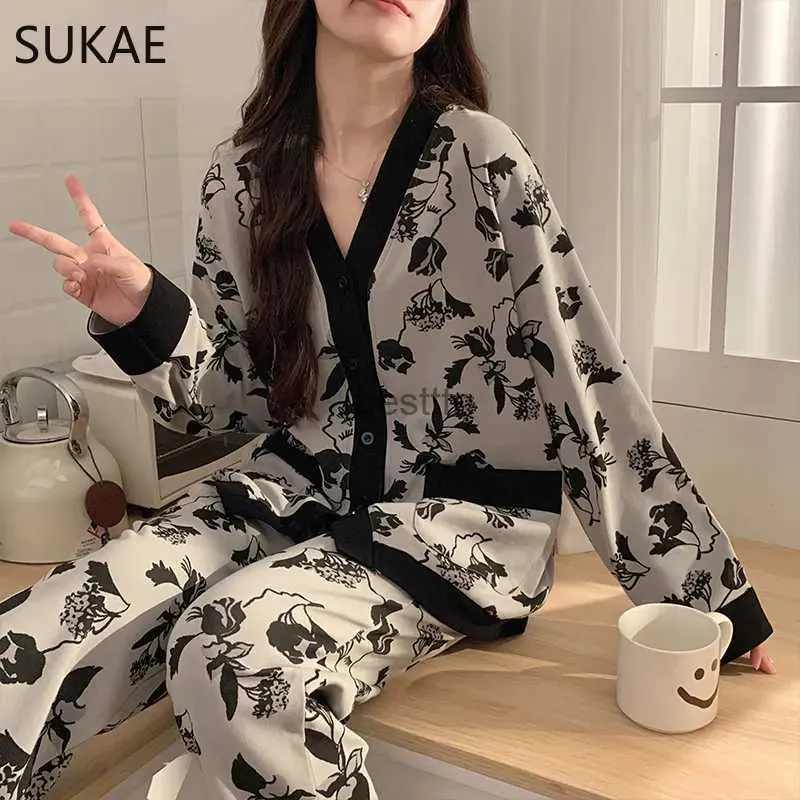 Damskie sleep salon sukae czarne róże jesienne zima kimono zwykłe w szyku w nokrotce klapy snu Zestawy piżamowe Piżamy Pełne PJ bawełniane długie rękawy Homessuitsl231005