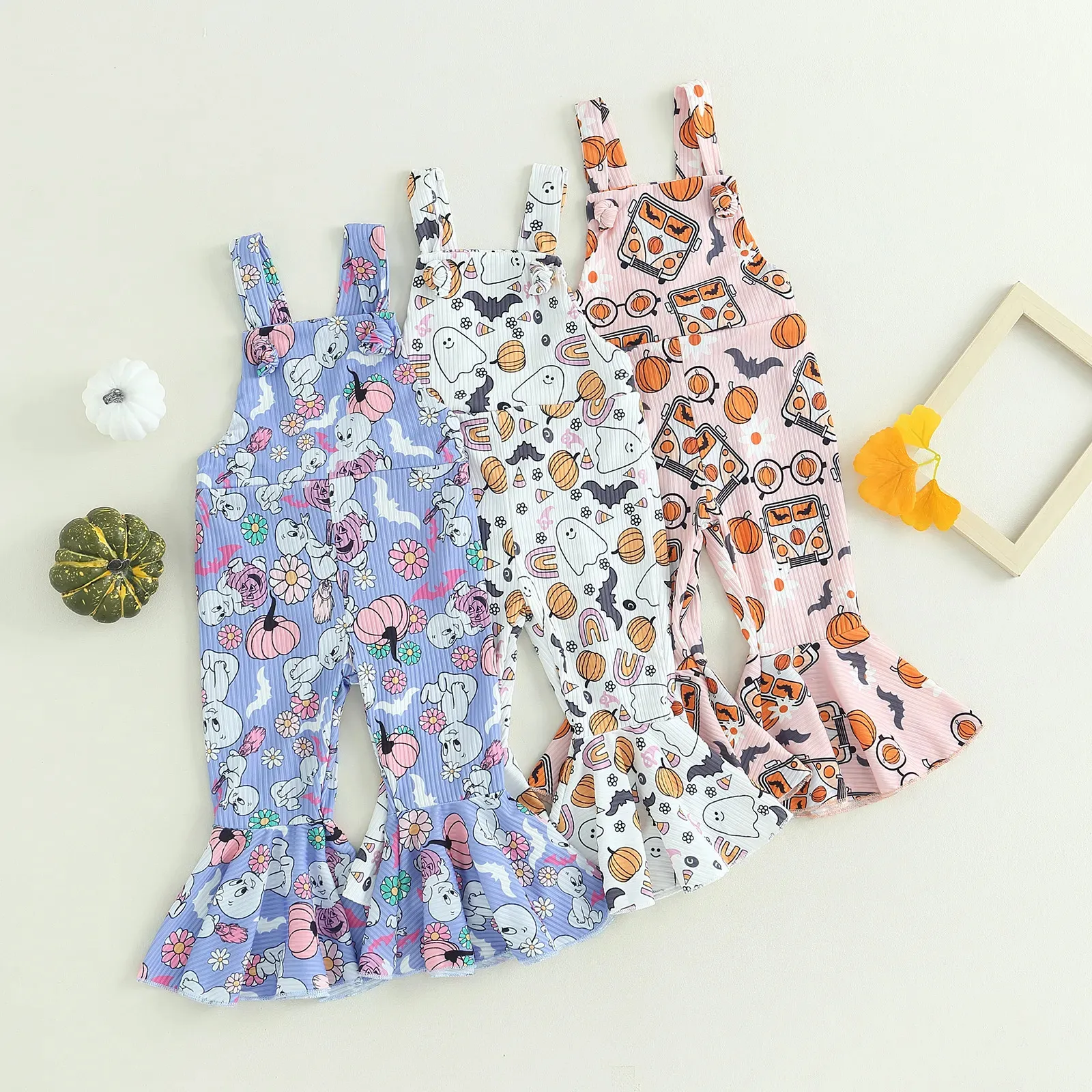 Rompers Focusnorm 0-4Y TODDLER Kids Girls Halloween Suspender Pants Sleeveless Ghost/Flowers/Pumpkin Print Jumpsuit 231005