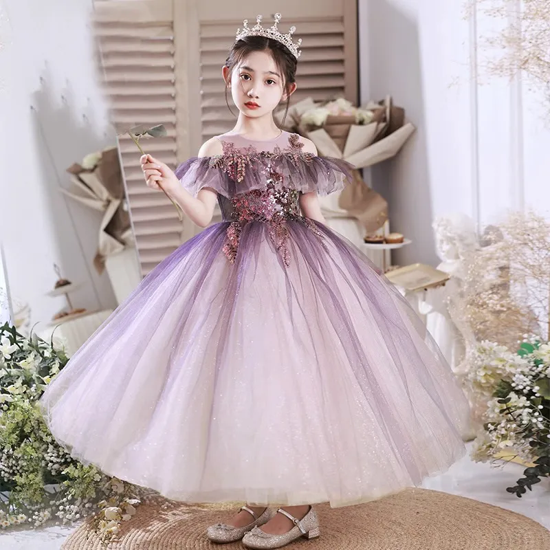 Purple Shiny Luxuado Flower Girl Dresses Lace Cristais de Tulle Lilttle Kids Concurso Vestido de Birthday Dress Vesti