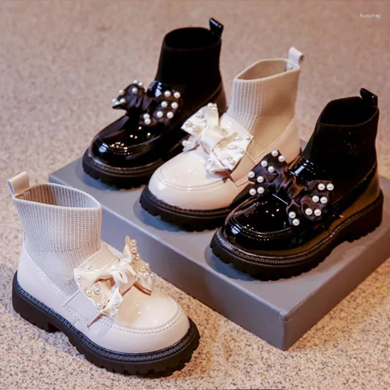 Stivali Calzini per bambini Principessa Ragazze Nodo a farfalla Perline Pelle verniciata Moda Autunno Piattaforma Gomma Scarpe primaverili per bambini