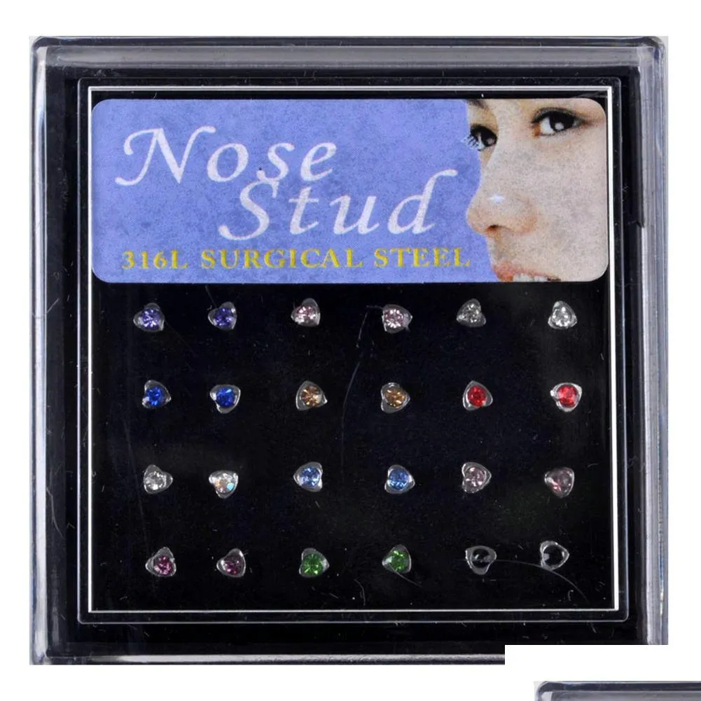Anéis de nariz Studs 24 Stks/Set Hart Vorm Neus Ring Studs Fashion Body Piercing Sieraden Kristal Ringen Voor Vrouwen Oor Kraakbeen Heli Dhah8