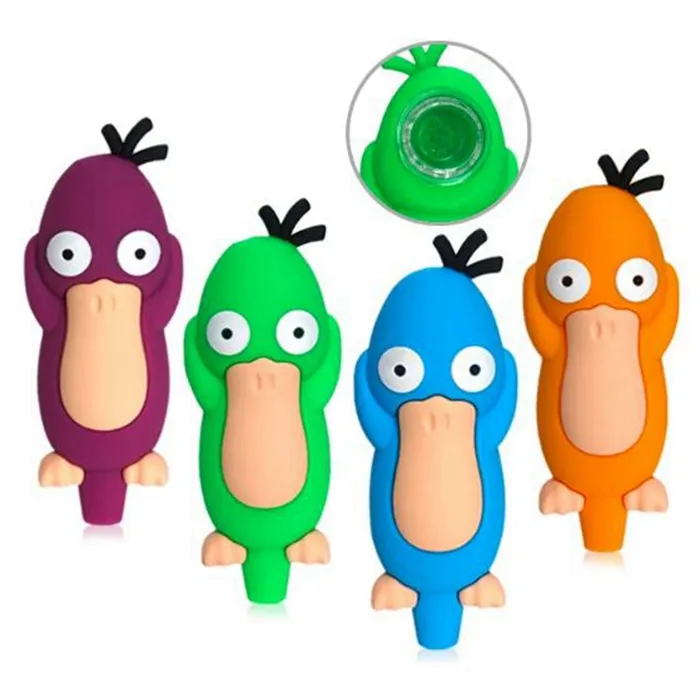 New Style Colorful Silicone Pipes Flat Duck Shape Portable Easy Clean Glass Nineholes Filter Screen Spoon Bowl Herb Tobacco Cigarette Holder Hand Smoking DHL