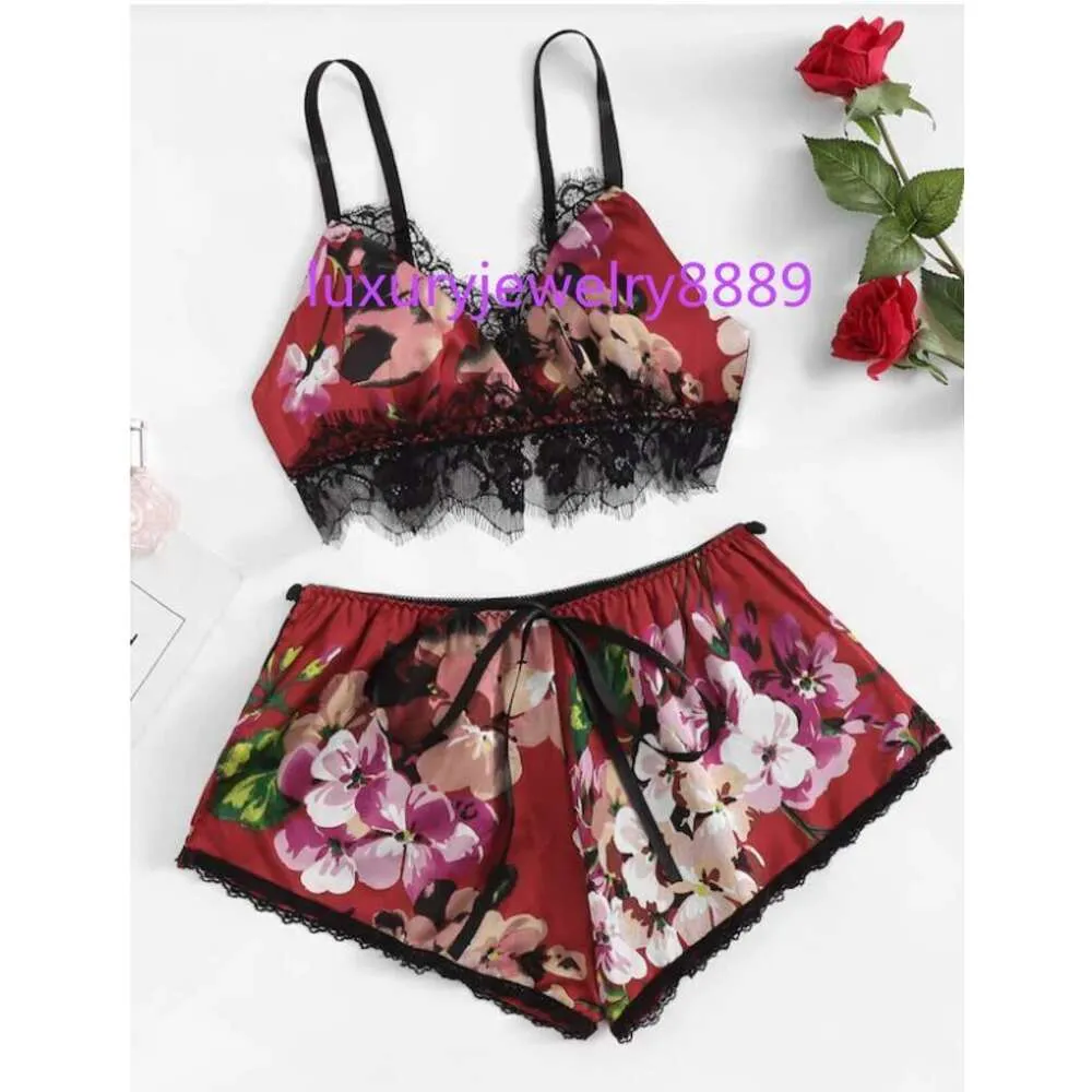 Mode 2019 sommar kvinnor sexig spets trim blommor tryck satin underkläder set trådlöst intimat femme bra boho underkläder