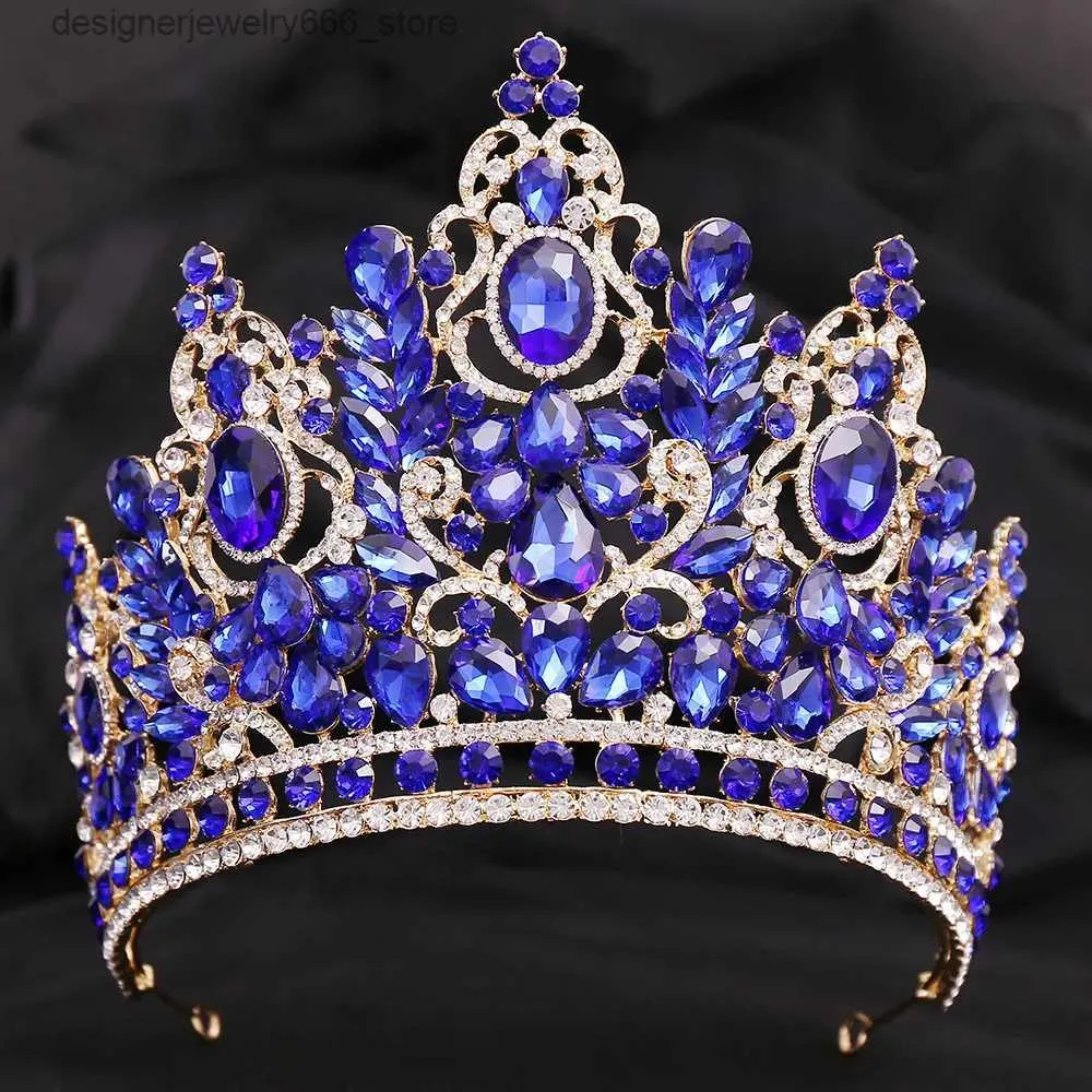 Headwear Hair Accessories Kmvexo Statement Big Forest Blue Crystal Rhinestone Crown Wedding Tiara Bridal Hair Accessories Crown Party Wedding Headwear Q231005