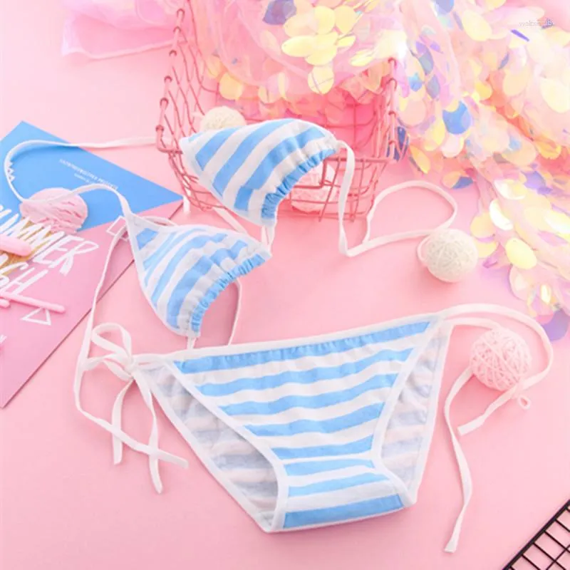 Maillots de bain pour femmes Lingerie sexy Kawaii Bleu Blanc Stripe Costume Anime Cosplay Costumes Érotiques Soutien-Gorge Femmes Sous-Vêtements Ensemble Bikini Grils