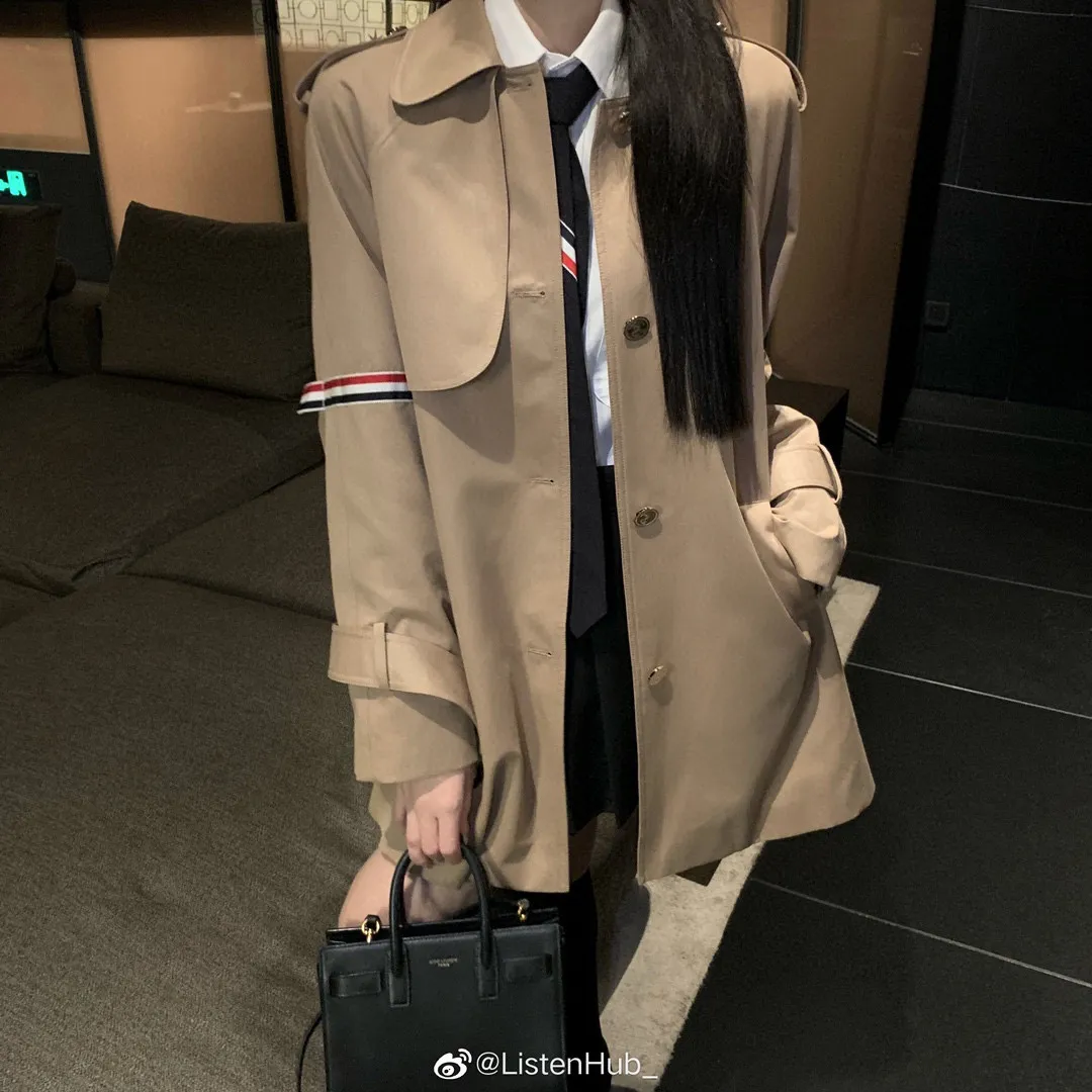TB01 Women's Trench Coats Autumn Fashion Sleeve Striped Design Overcoat Casual Simple Classic Female Long Coat