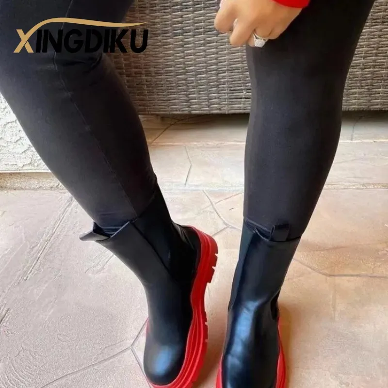 Buty grube podeszwy obcasy klinowe Chelsea Net Red komin stretch tkanina czarna platforma duża moda zima 231005