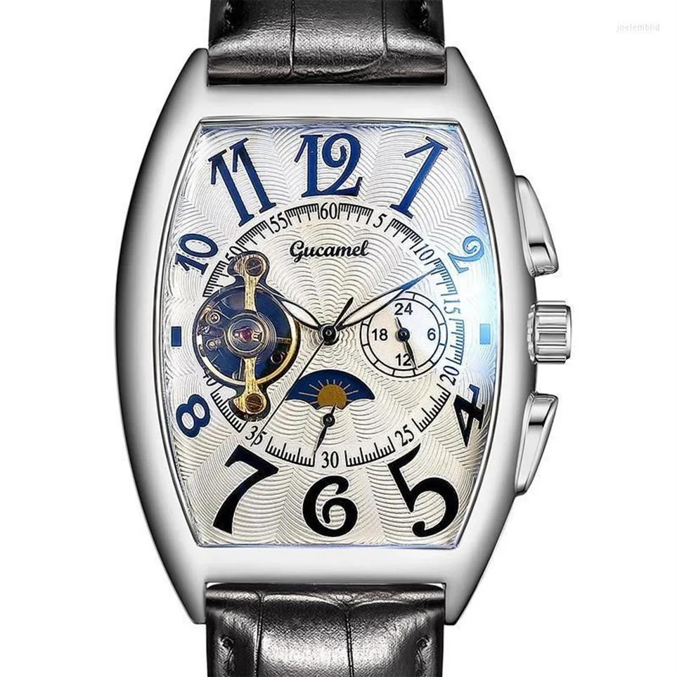 Relojes de pulsera Frank Mismo diseño Edición limitada Tourbillon de cuero Reloj mecánico Muller Mens Tonneau Top Male Gift317W