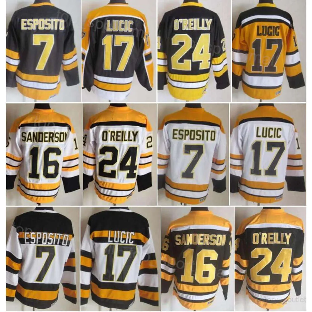 Män retro hockey 7 Phil Esposito Jerseys Vintage Classic 16 Derek Sanderson 17 Milan Lucic 24 Terry Oreilly 75 Jubileum Broderi och sy pension CCM High