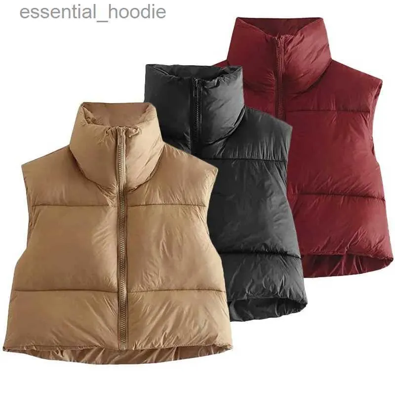 Kvinnor Down Parkas Puffy Vest Kvinnor Zip Up New Stand Collar Sleeveless Lightweight vadderad beskuren puffer quiltad Vest Winter Warm Pock Jacket L231005