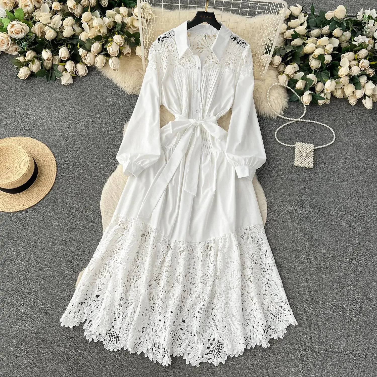 Women's White Satin & Lace Dress with Lapel Collar, Long Sleeve, Bow Waist Summer Casual Party Dress Women's White Satin & Lace Dress with Lapel Collar, Long Sleeve, Bow Waist Summer Casual Party Dress