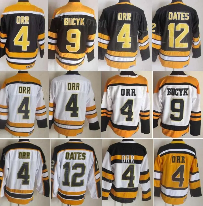 Men Retro Hockey 4 Bobby Orr Jersey 9 Johnny Bucyk 12 Adam Oates Vintage Classic 75 Anniversary CCM Black White Yellow Team Color Retire Stitched For Sport Fans