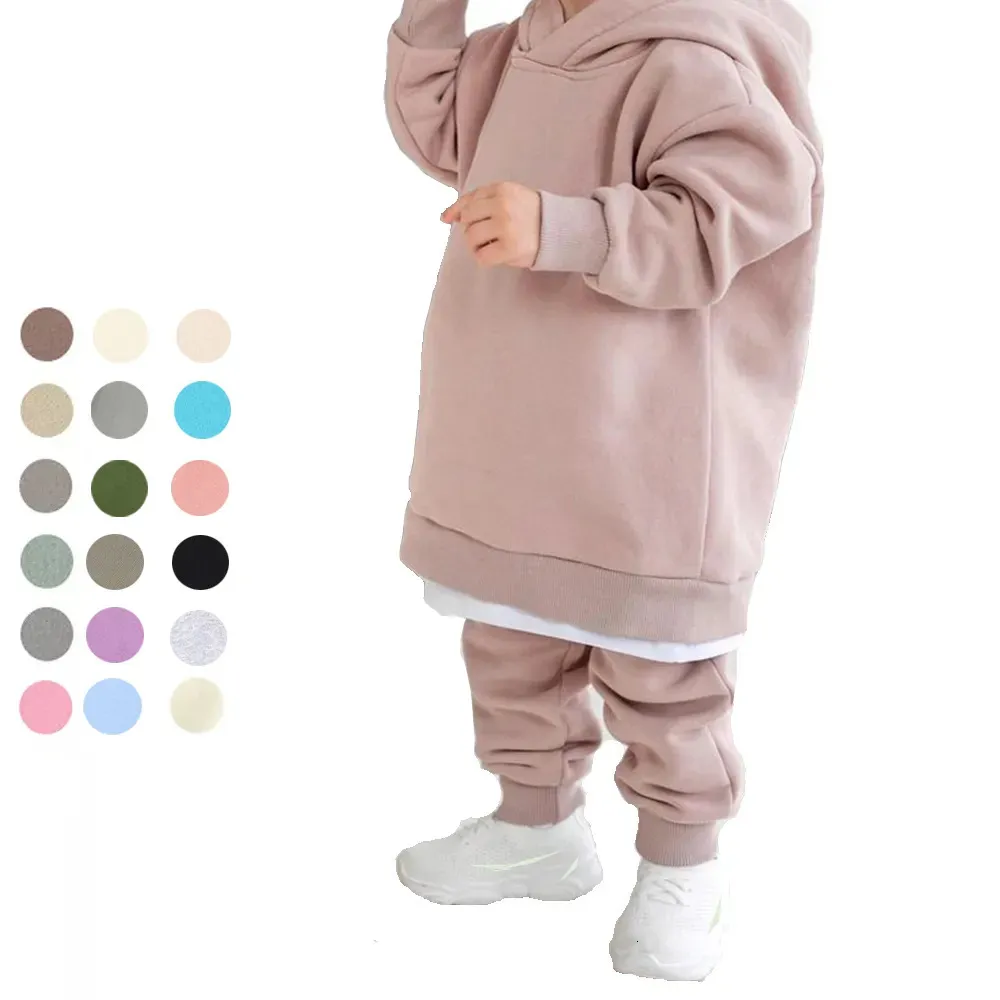 Ensembles de vêtements enfants enfants polaire tenues d'hiver solide coton sweat à capuche pantalon enfant en bas âge costume garçon fille décontracté vêtements chauds 231005