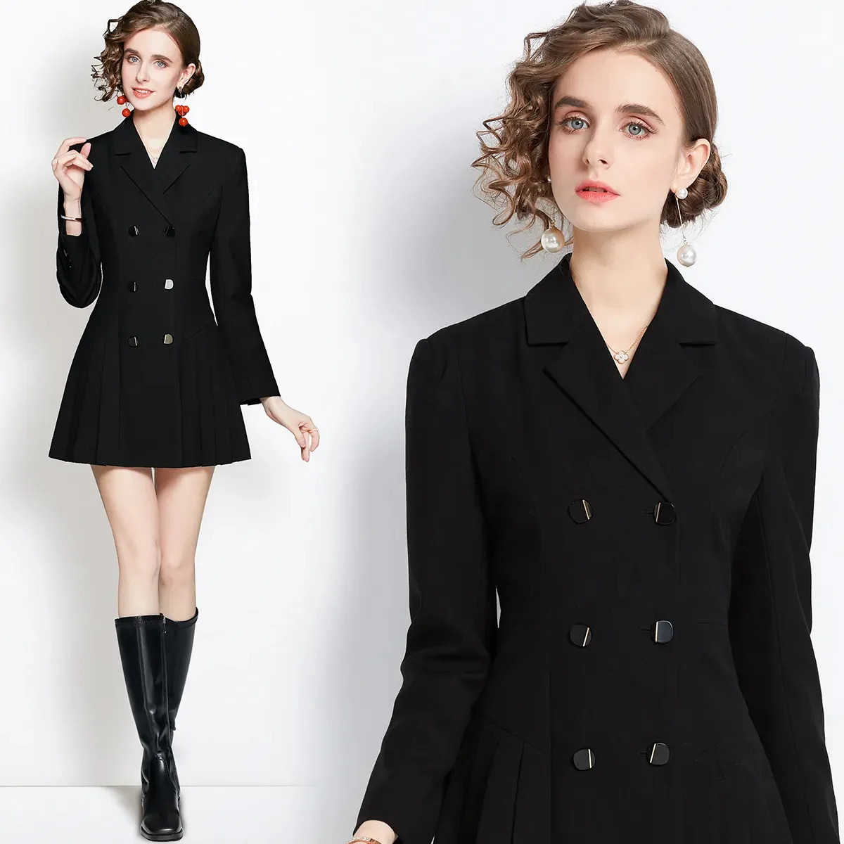 Basic Casual Dresses Fashion Designer Double Breasted Blazer Dress French Women Notched Long Sleeve Chic Slim Black Mini Short Casual Vestidos 2024