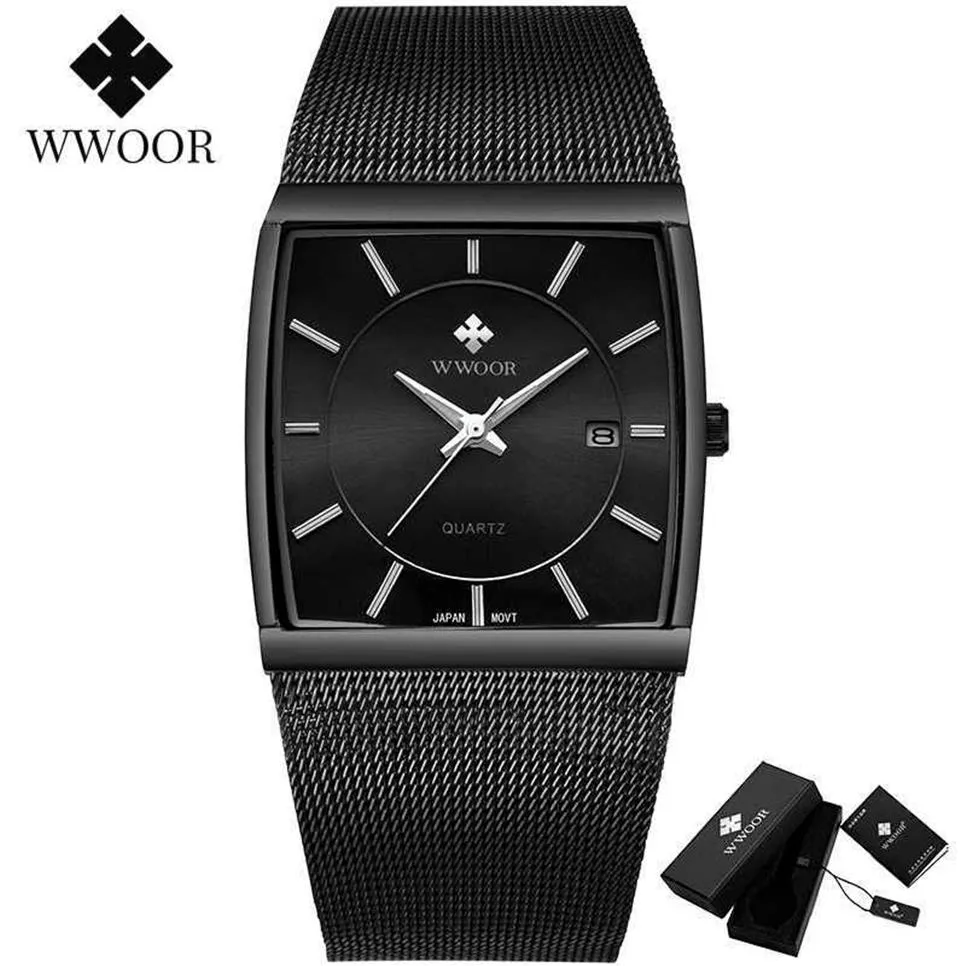 Wwoor Top Brand Luxury Black Square Watches for Men Proof Slim Date Wristwatch Male Male Steel Mesh Belt Quartz Clock Men 2306T