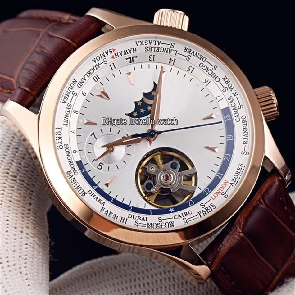 Neue 42 mm Master Control World Geographic Q1522420, weißes Zifferblatt, automatische Herrenuhr, Mondphase, Tourbillon, Roségoldgehäuse, Leder, Str195r