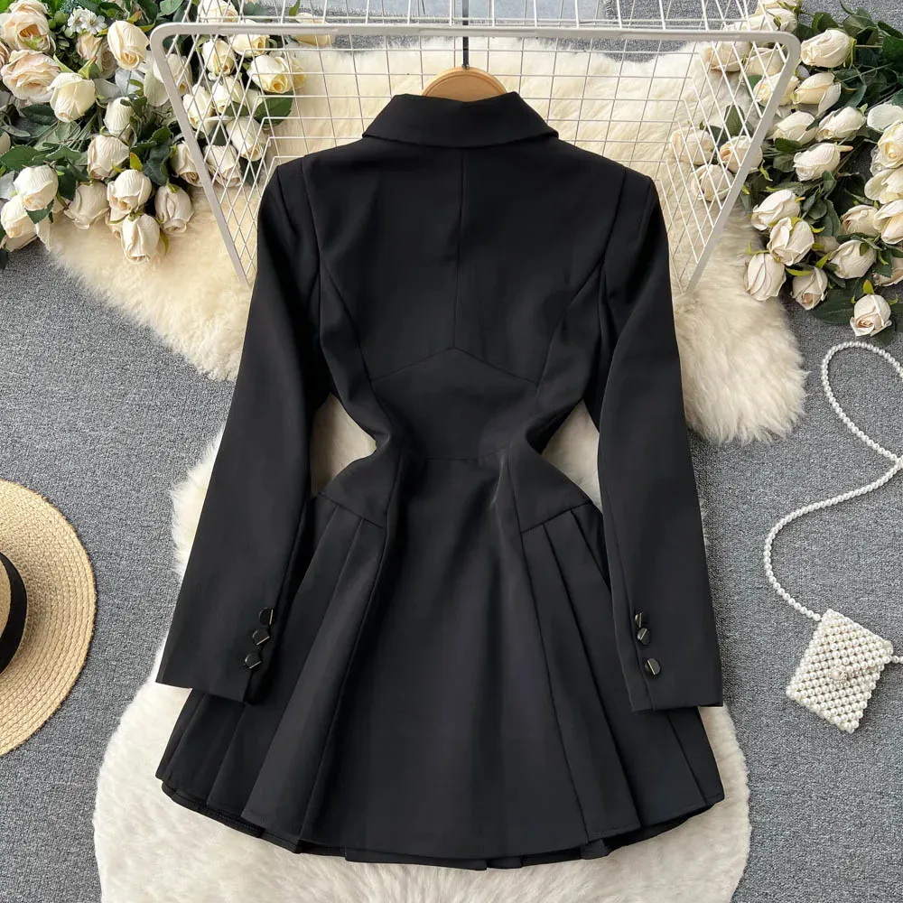 Basic Casual Dresses Fashion Designer Double Breasted Blazer Dress French Women Notched Long Sleeve Chic Slim Black Mini Short Casual Vestidos 2024