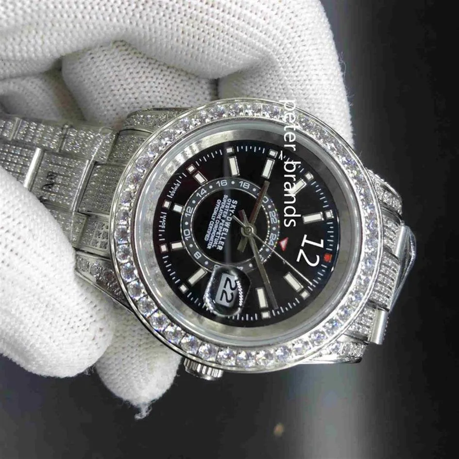 Часы Full Diamond SKY 40 мм, роскошные часы Iced Out, автоматические мужские серебряные часы из нержавеющей стали, черный циферблат, водонепроницаемый комплект из нержавеющей стали Diamond2927