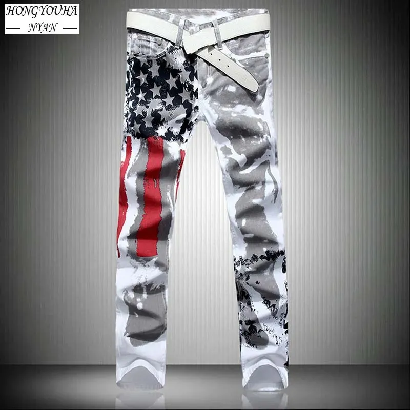 Mens Jeans Masculino Bandeira Americana Impresso Streetwear Calças Casuais Moda Harajuku Alta Elastic SlimHip Hop Straight Denim Calças 231005