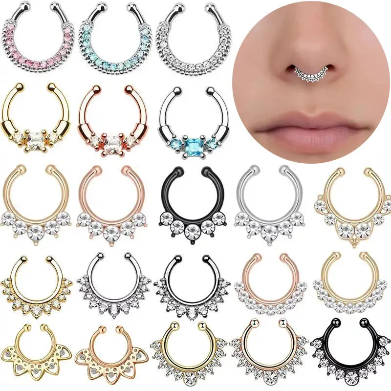 Anneaux de nez goujons 12 pièces en acier inoxydable Faux anneau de nez Septum Piercing bijoux cristal Faux Septum Piercing anneau en vrac Faux nez Piercing Lot 231005