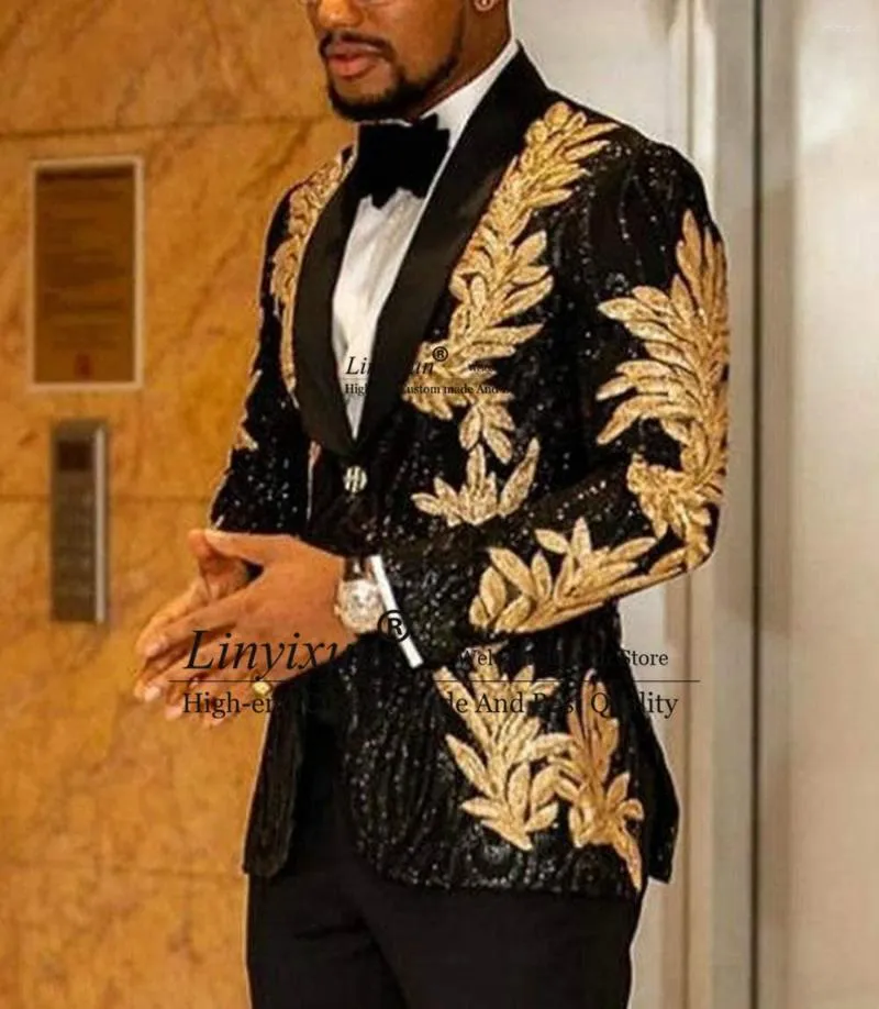 Costumes pour hommes Slim Fit Terno Masculino Sequins Shiny Sequins Gold Applique Men Prom Tuxedos Grooms Set 2 Pieces (Blazer Pantalon) Costume Homme