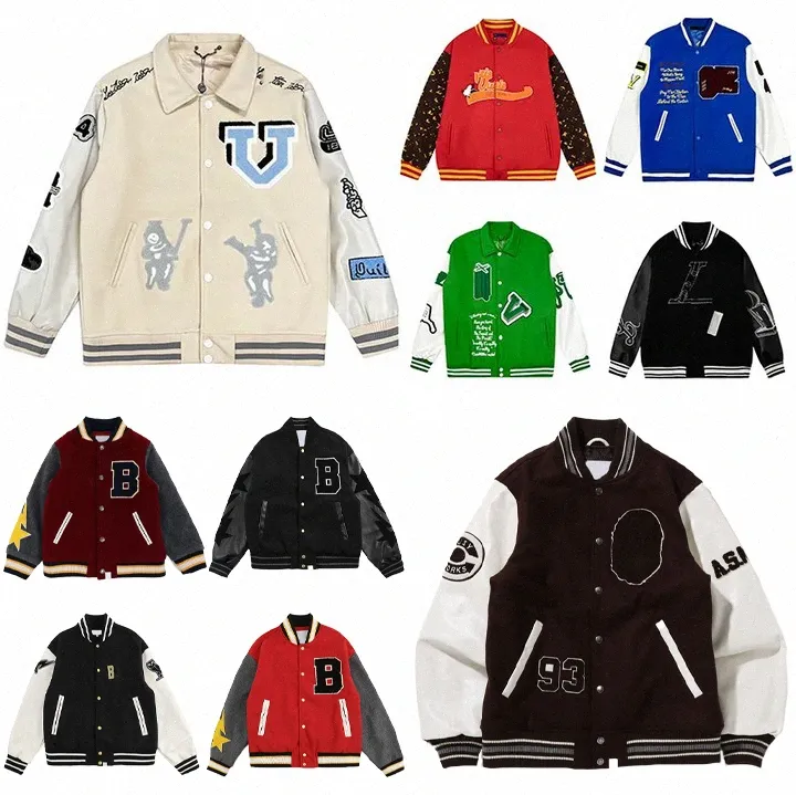 FW Designer Mens Varsity Jacket Baseball Outerwear Coat Wool Fleece Flocking Leather Jackets Embroiderd Single Breasted Couples Uniform