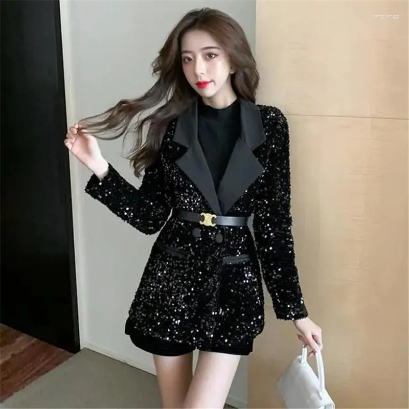 Ternos femininos Moda feminina Mulheres brilhantes lantejoulas de trespassado casaco de terno Black Chic Slim Fit Blazers Roupas de outono da primavera com tampo de cinto