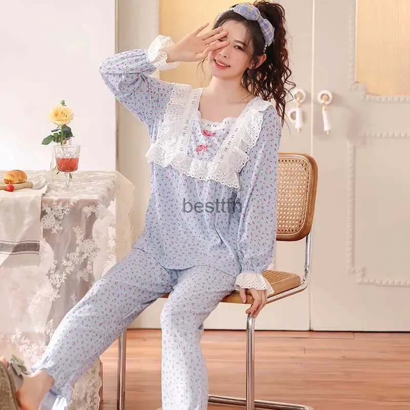 Ensembles de pyjama en coton pour les femmes les ensembles de pyjama a col carre de dentelle Princess des vetements de nuit en coton complet des