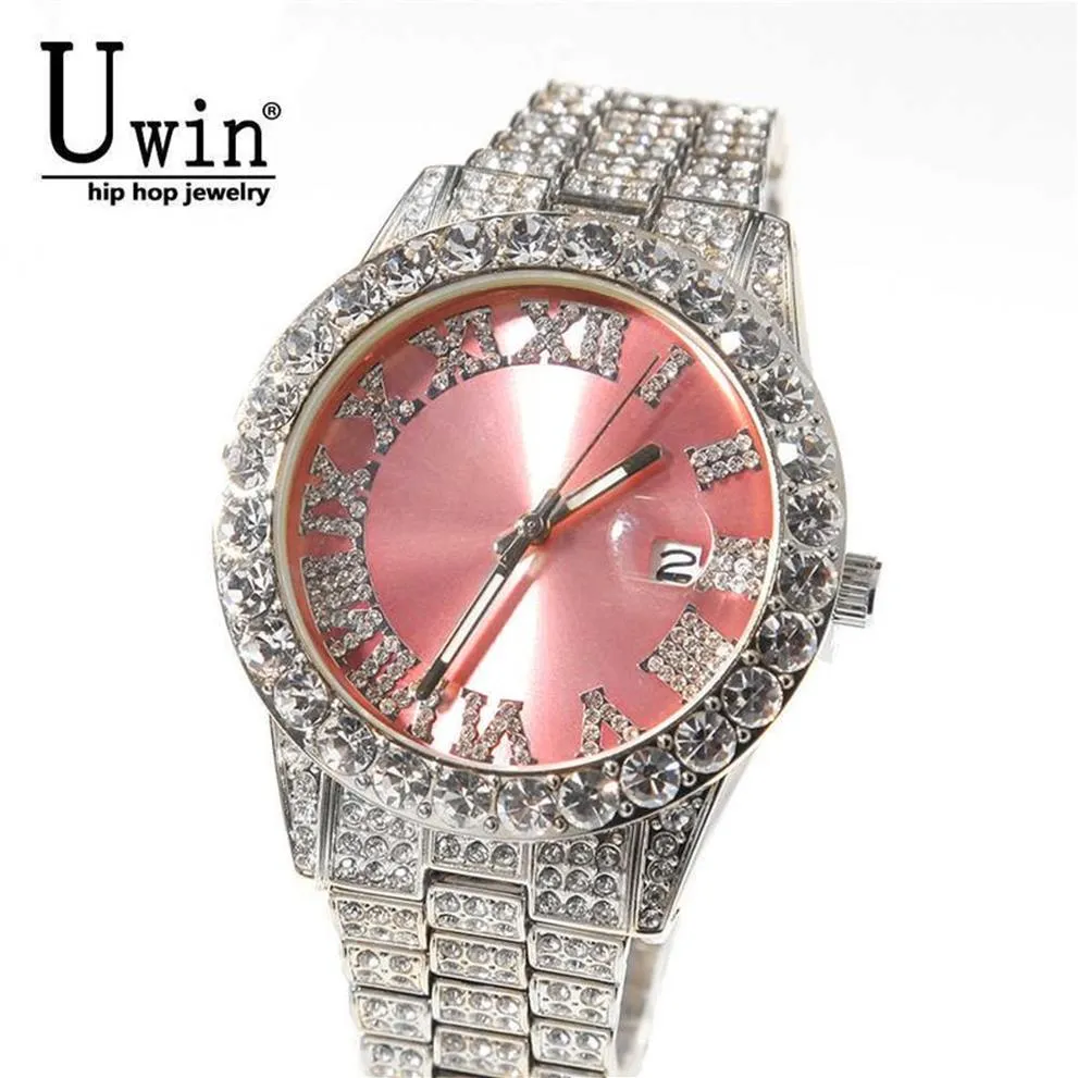 Uwin grote wijzerplaat horloges roze paars blauw zwart volledig Iced Out heren roestvrij staal mode luxe s quartz zakelijk 2107282996