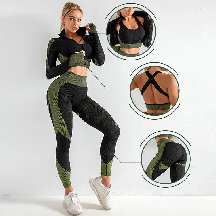 Aktive Sets Frauen 3 Stück Crop Top Und Leggings Mit Hoher Taille Passende Workout Set Nahtlose Outfits Conjunto Academia feminino