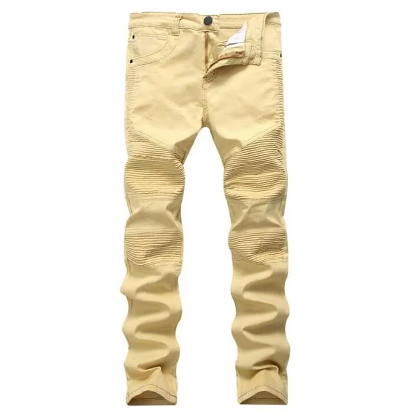 Jeans pour hommes Top qualité Kaki Biker Jeans Conception plissée Hommes Skinny Slim Stretch Denim Pantalon Nouvelle Arrivée Hip-Hop Street Ripp298H