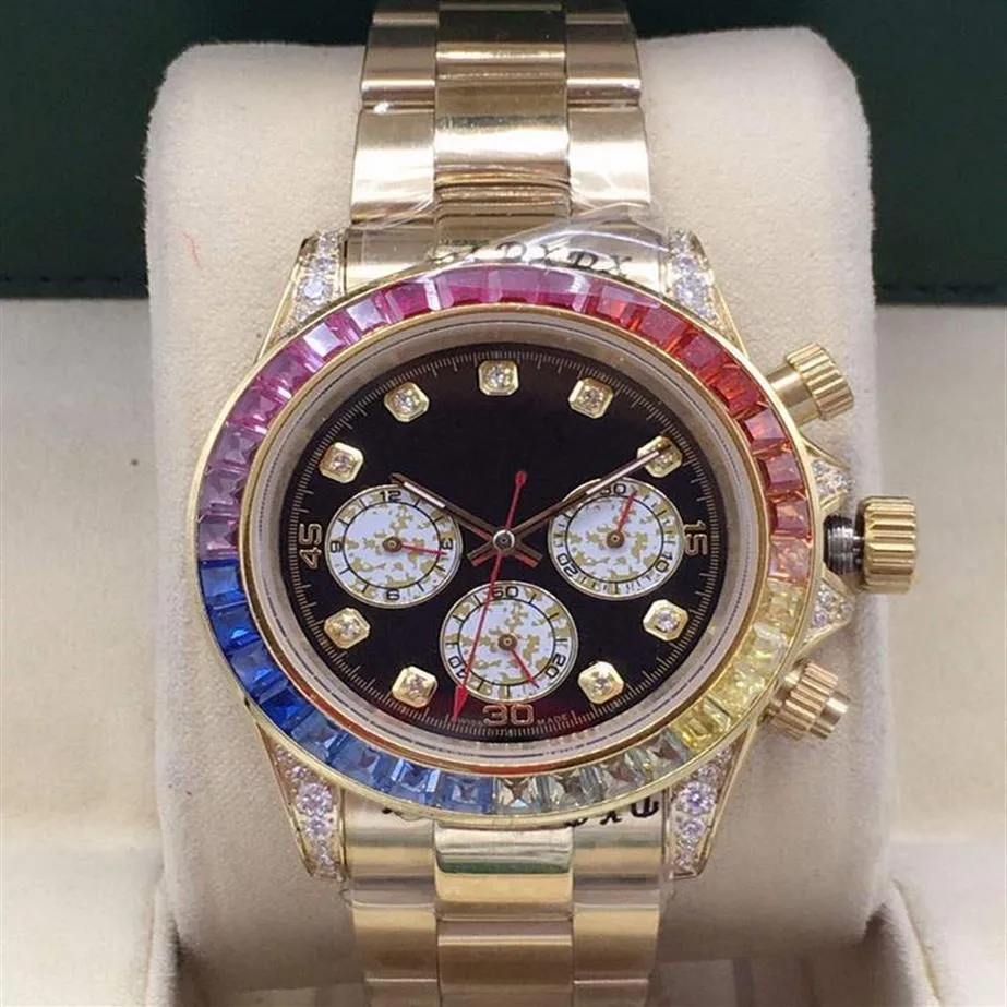 Herr Automatic Watch Classic Rainbow Diamond Bezel 40mm rostfritt stål Fold Buckle Waterproof319Q