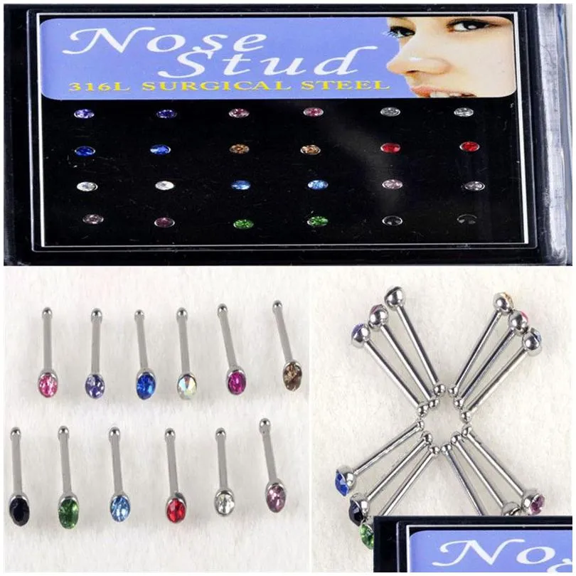 Anneaux de nez Goujons 24pcs Mix Styles Strass Goujons Nez Piercing Mince Long Plug Tunnels Ponction Corps Bijoux Accessoires Drop Deliv Dhcq4