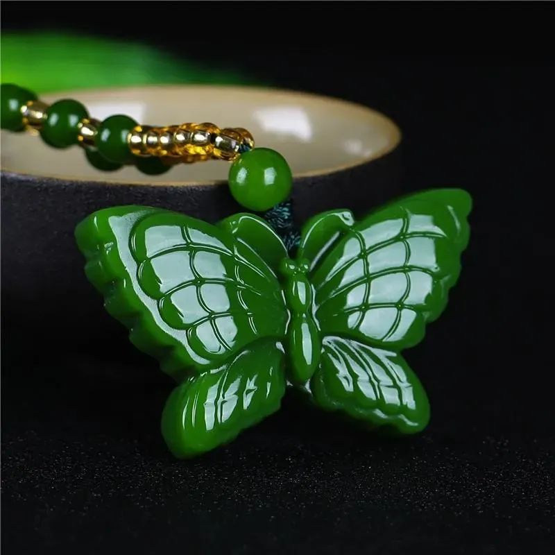 Hand Carved Natural Green Jade Butterfly Jade Pendant Necklace