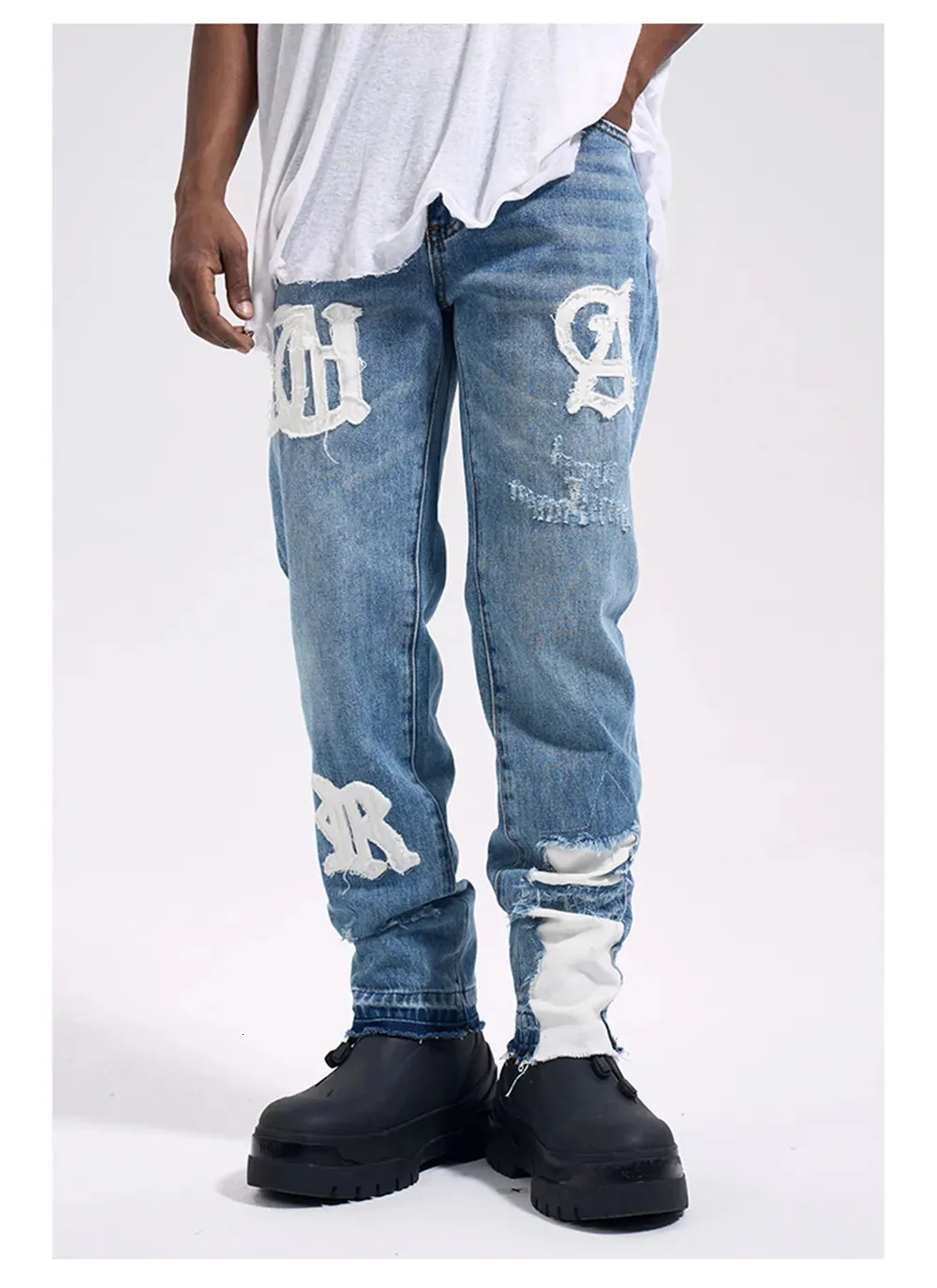 DHgate.com:Y2K Mens Straight Denim Jeans - Blue Distressed