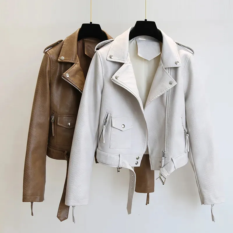 Women's Leather Faux 2023 Spring Autumn Women Jacket Slim Streetwear Coat Moto with Belt Female Outerwear 230928