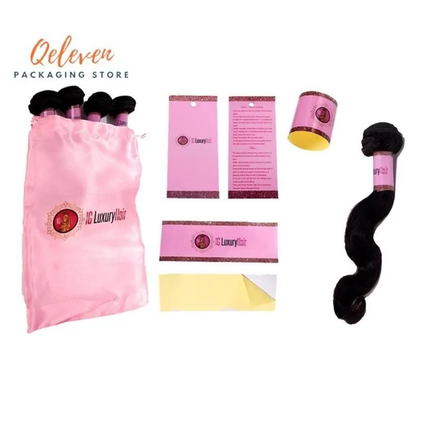 Customized Virgin Hair Packaging Set Hair Bundle Wraps Paper Stickers Hang Tags Silk Satin Packging Bags270Y