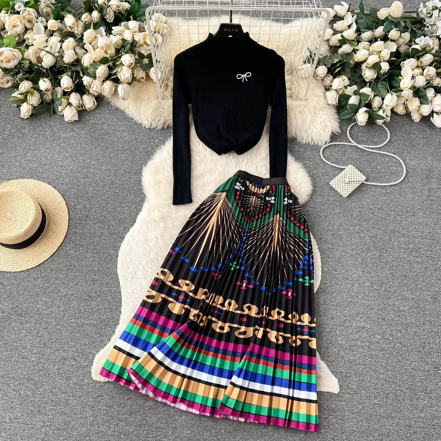 Two Piece Dress Set with Black Knitted Pullover Top and Long Pleated Skirt for Autumn Women, Above Knee Length, Mid Waist, Y2K Style from Dhgate Two Piece Dress - price 43.7 Two Piece Dress Set with Black Knitted Pullover Top and Long Pleated Skirt for Autumn Women, Above Knee Length, Mid Waist, Y2K Style from Dhgate Two Piece Dress - price 43.7