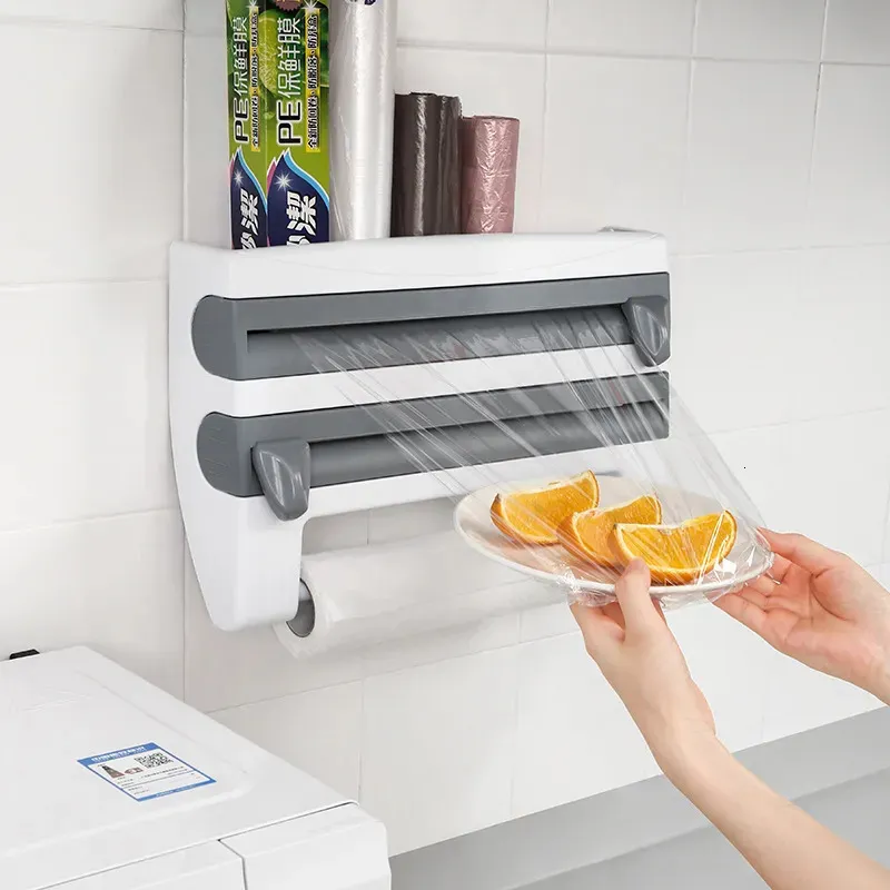 Storage Holders Racks Kitchen Aluminium Foil Cling Film Storage Rack Wall Mount Roll Dispenser Fresh Film With Cutter Barbecue Foil Paper Towel Holder 230927