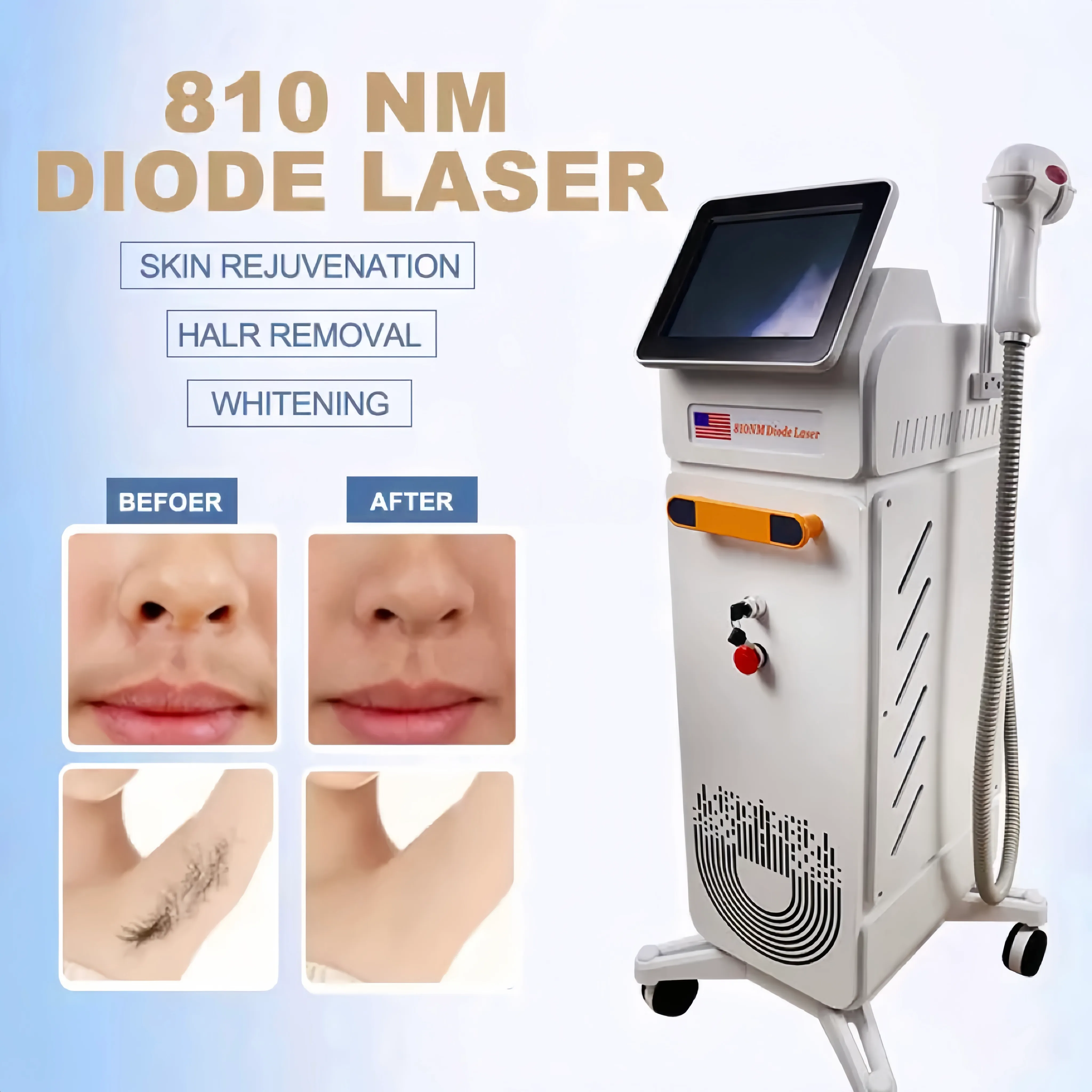 Multifunctional 808 Epilator Machine With 10.4 Inch Touch Color Screen No Trauma Remove Hair Freckle Removal Stronger Contact Cooling Instrument