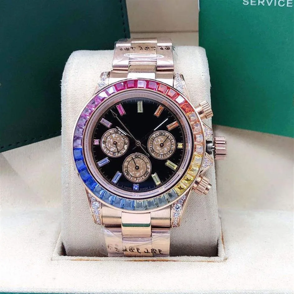 Mode männer automatische mechanische uhr 40mm regenbogen diamant ring edelstahl faltschließe herren watch243R