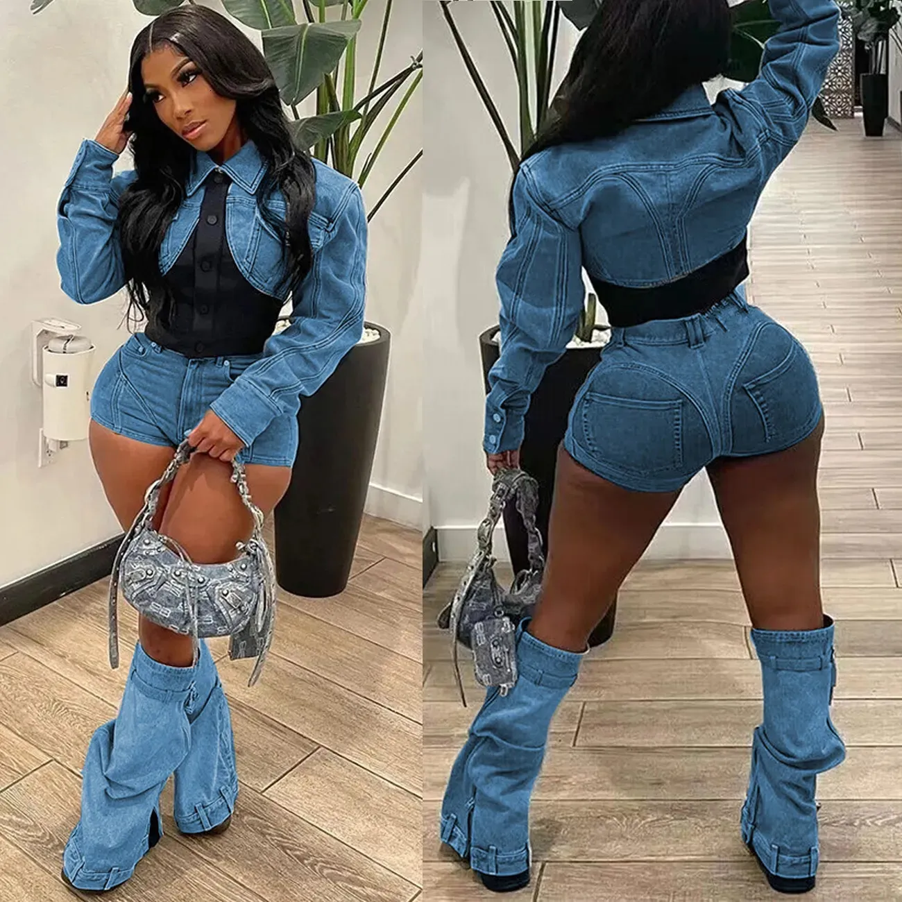 Kvinnors spårskidor Sexig denim Jean 2 -stycke Matchande Pant Set Outfits 2023 Summer Women Clothes Y2K Biker Shorts Suits Set Croped Tops Tracksude 231005