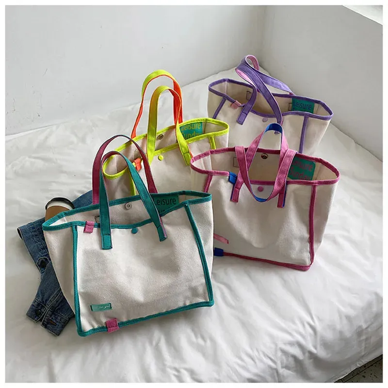 Shopping Bags Women Canvas Tote Bag Patchwork High-capacity Shopping Travling Fashion Ins Easy to Match Beige Fluorescent Yellow 231006